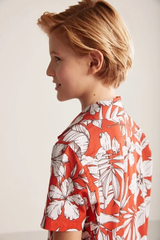 Hemington - Çiçek Desen Keten Pamuk Karışım Kırmızı Çocuk Gömlek (2)