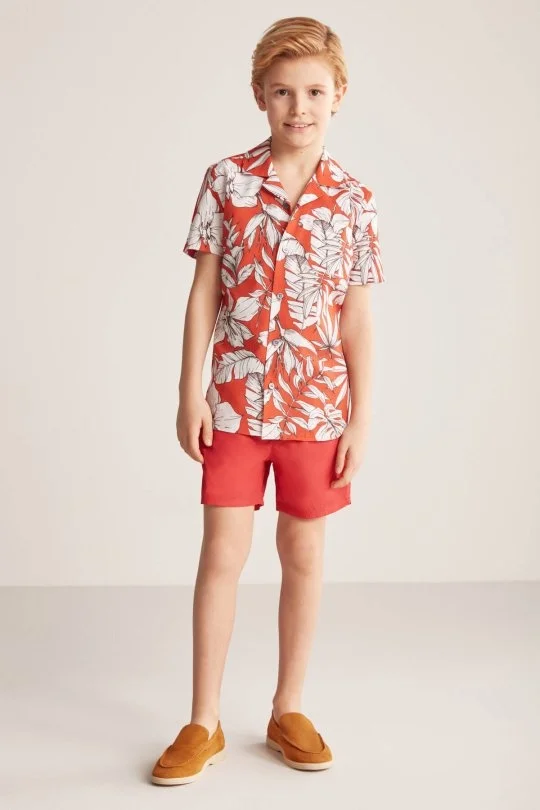 Hemington - Çiçek Desen Keten Pamuk Karışım Kırmızı Çocuk Gömlek (3)