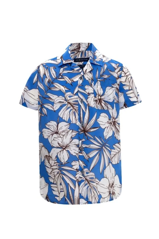 Hemington - Çiçek Desen Keten Pamuk Karışım Mavi Çocuk Gömlek (7)