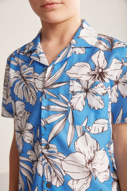 Hemington - Çiçek Desen Keten Pamuk Karışım Mavi Çocuk Gömlek (5)