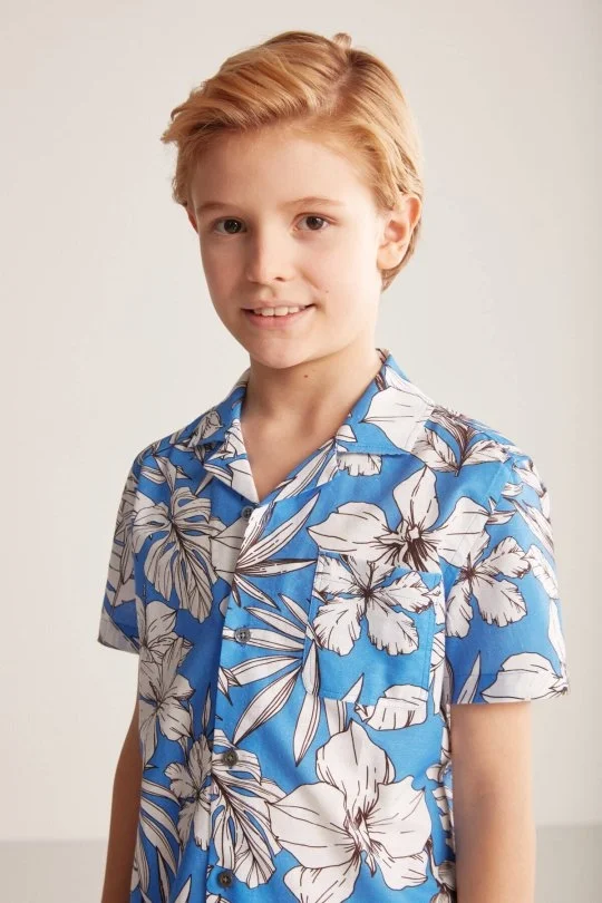 Hemington - Çiçek Desen Keten Pamuk Karışım Mavi Çocuk Gömlek (1)