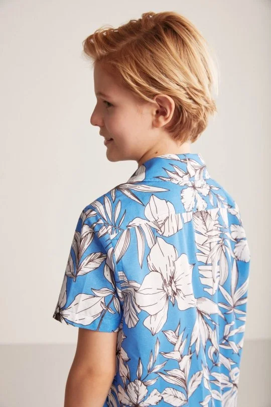 Hemington - Çiçek Desen Keten Pamuk Karışım Mavi Çocuk Gömlek (2)