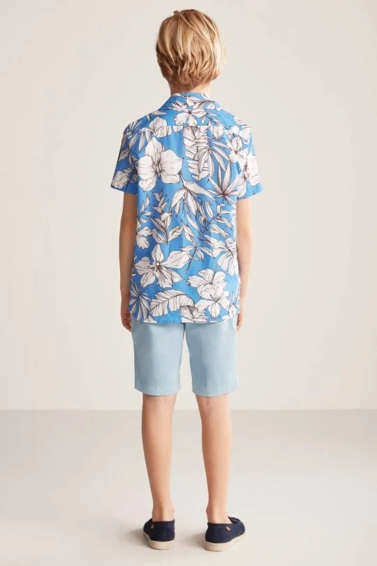 Hemington - Çiçek Desen Keten Pamuk Karışım Mavi Çocuk Gömlek (4)