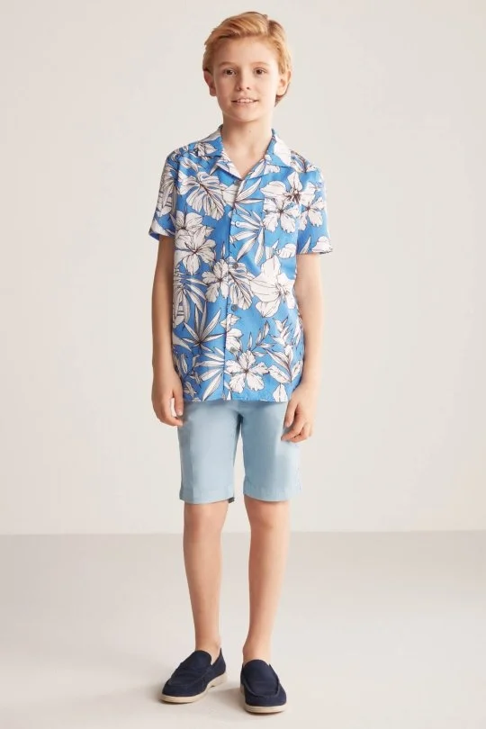 Hemington - Çiçek Desen Keten Pamuk Karışım Mavi Çocuk Gömlek (3)