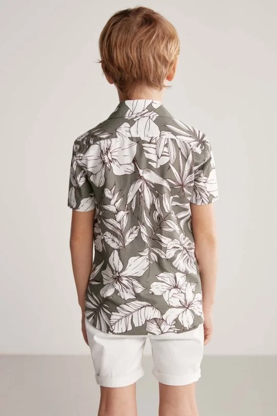 Hemington - Çiçek Desen Keten Pamuk Karışım Haki Çocuk Gömlek (5)