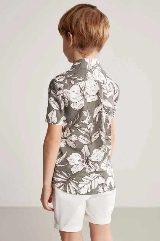 Hemington - Çiçek Desen Keten Pamuk Karışım Haki Çocuk Gömlek (2)