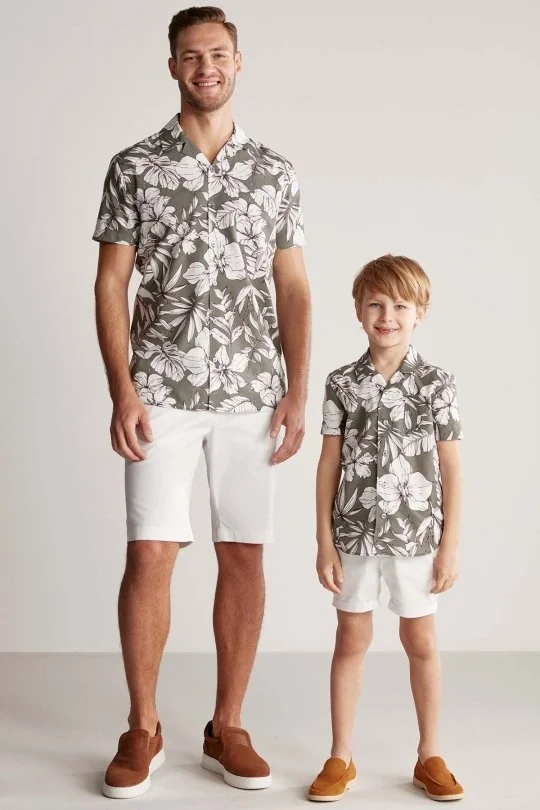 Hemington - Çiçek Desen Keten Pamuk Karışım Haki Çocuk Gömlek (3)