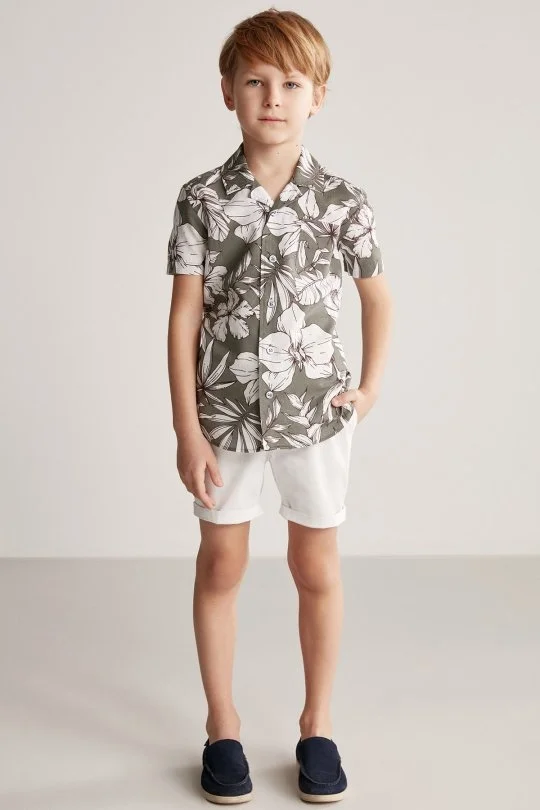 Hemington - Çiçek Desen Keten Pamuk Karışım Haki Çocuk Gömlek (1)