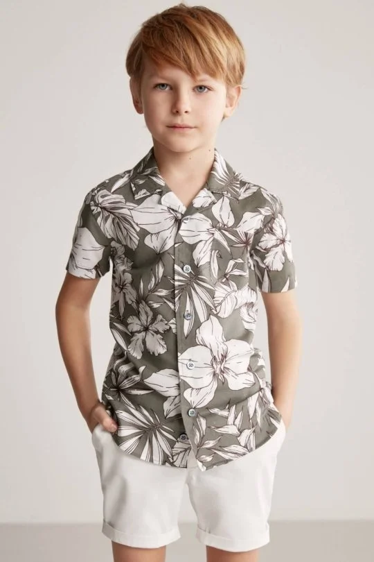 Hemington - Çiçek Desen Keten Pamuk Karışım Haki Çocuk Gömlek (4)