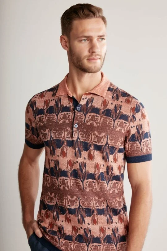 Hemington - Çiçek Desen Keten Pamuk Turuncu Triko Polo (3)