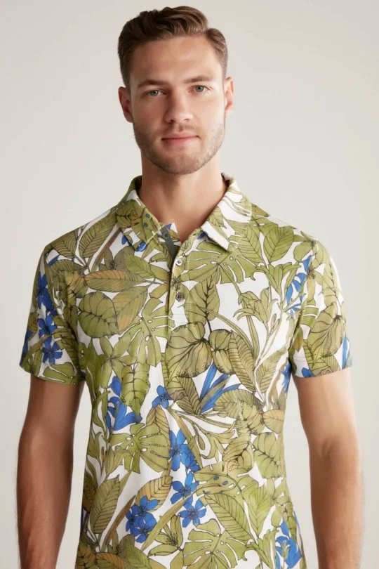 Hemington - Çiçek Desenli Yeşil Polo Yaka T-Shirt
