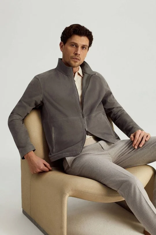 Hemington - Çift Taraflı Giyilebilir Gerçek Deri Açık Gri Spor Ceket (1)