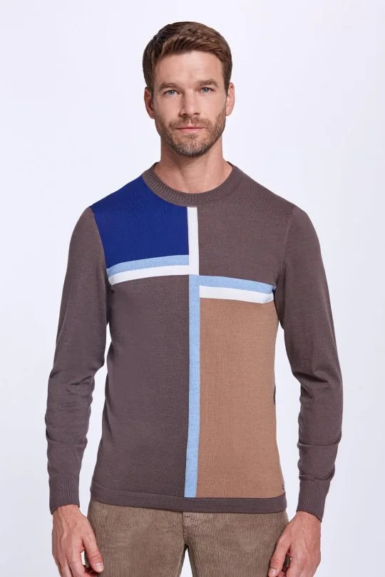 Hemington - Çizgi Desen Bisiklet Yaka Kahverengi Triko