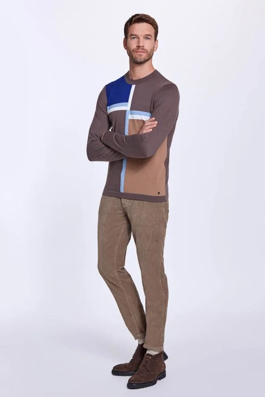 Hemington - Çizgi Desen Bisiklet Yaka Kahverengi Triko (1)