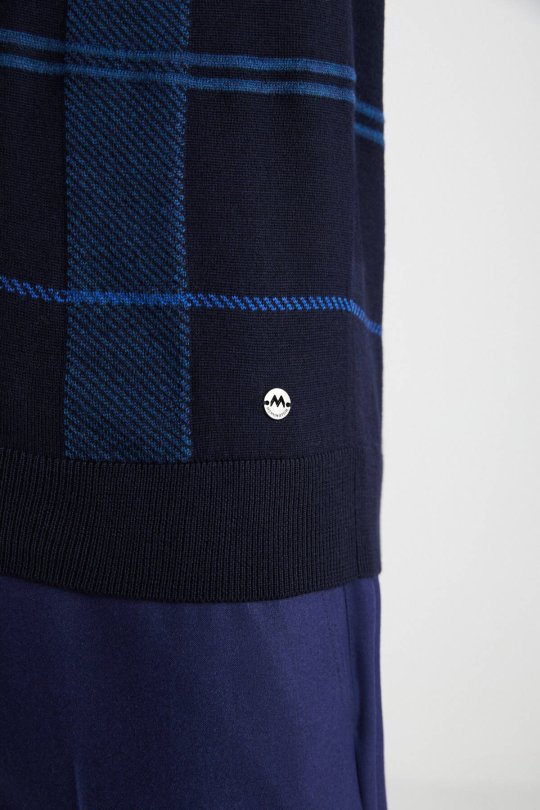 Çizgi Desen Lupetto Yaka Lacivert Merino Yün Triko