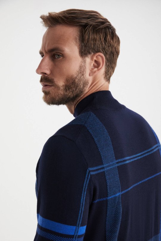 Çizgi Desen Lupetto Yaka Lacivert Merino Yün Triko