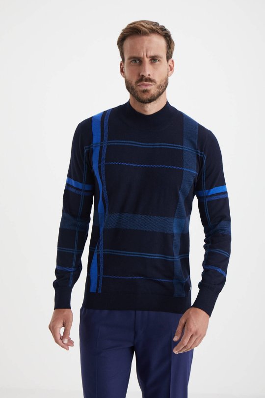 Çizgi Desen Lupetto Yaka Lacivert Merino Yün Triko