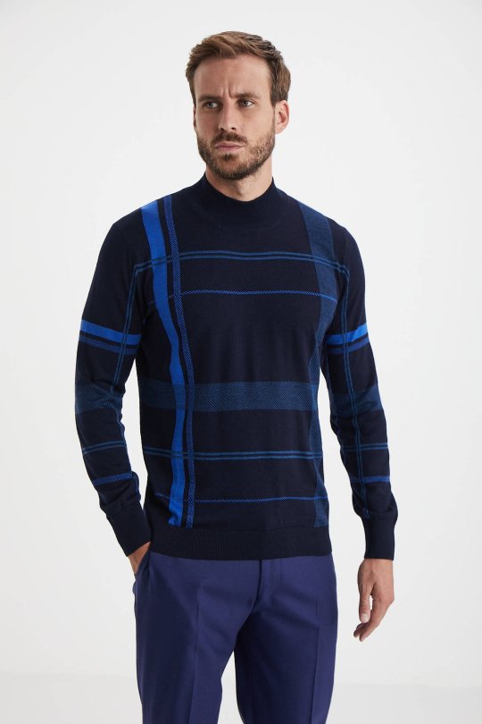 Çizgi Desen Lupetto Yaka Lacivert Merino Yün Triko