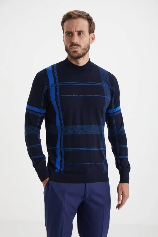 Hemington - Çizgi Desen Lupetto Yaka Lacivert Merino Yün Triko