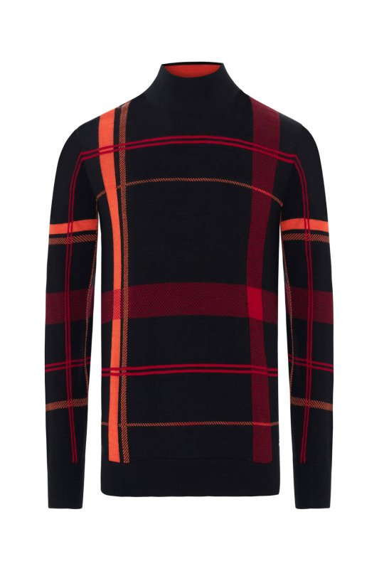 Çizgi Desen Lupetto Yaka Siyah Merino Yün Triko