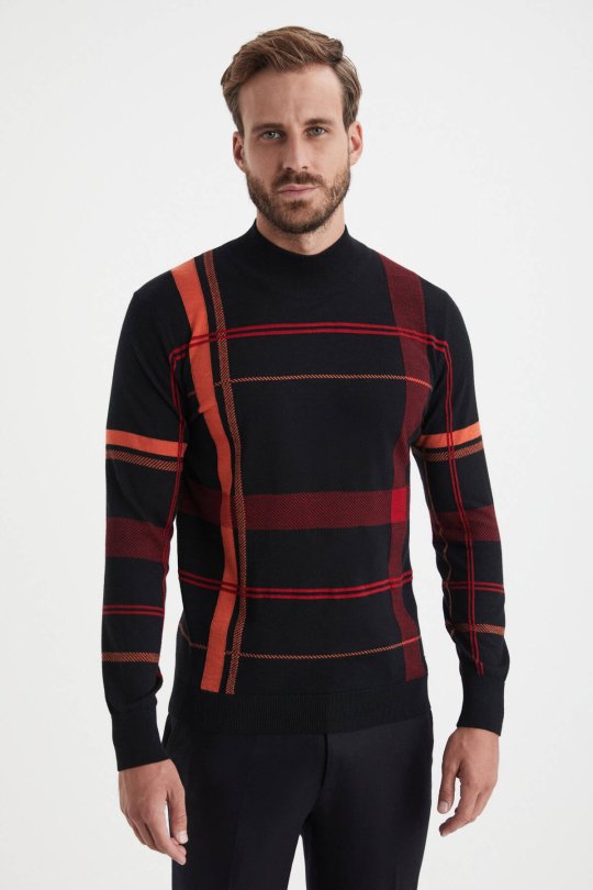 Çizgi Desen Lupetto Yaka Siyah Merino Yün Triko