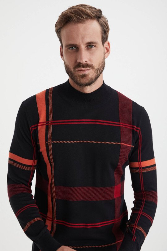 Çizgi Desen Lupetto Yaka Siyah Merino Yün Triko