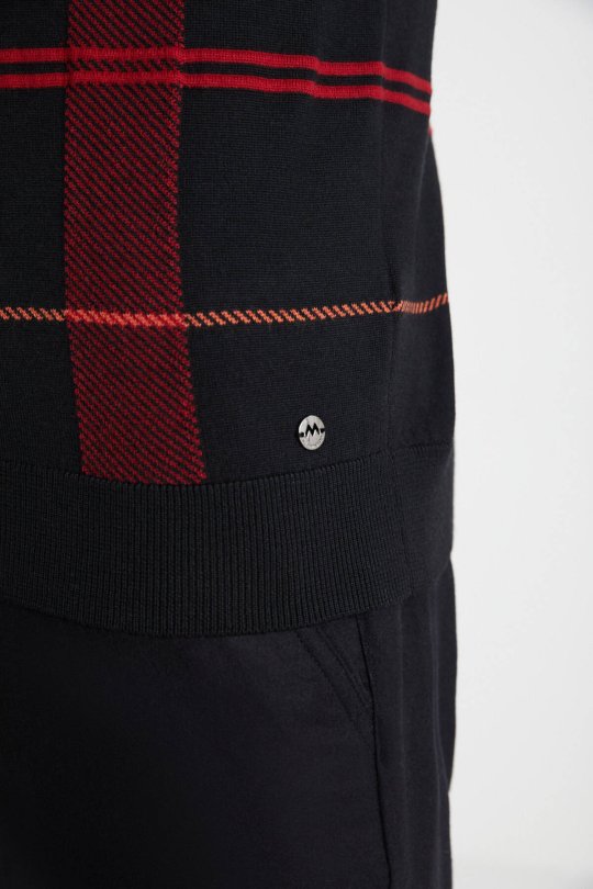 Çizgi Desen Lupetto Yaka Siyah Merino Yün Triko