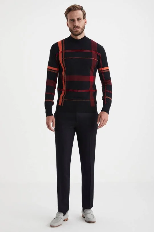 Hemington - Çizgi Desen Lupetto Yaka Siyah Merino Yün Triko (1)