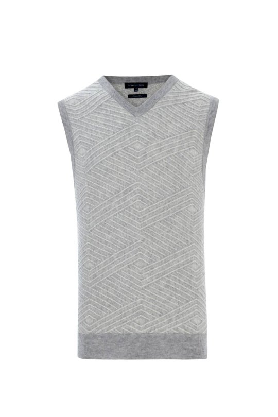 Çizgi Desen Açık Gri Lambswool Yün Triko Süveter