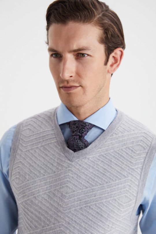 Çizgi Desen Açık Gri Lambswool Yün Triko Süveter