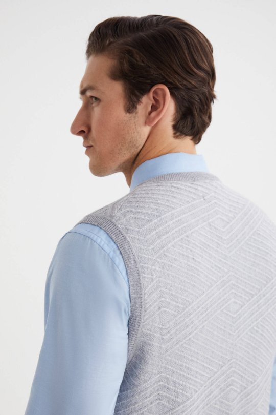 Çizgi Desen Açık Gri Lambswool Yün Triko Süveter