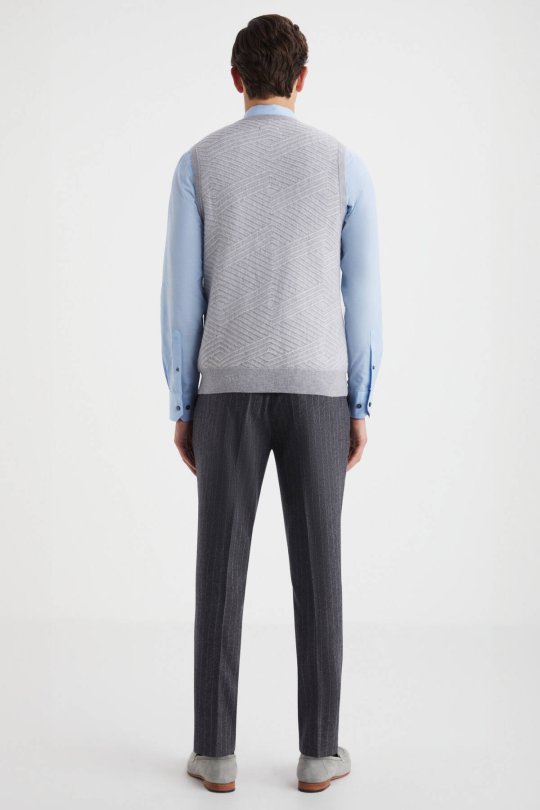 Çizgi Desen Açık Gri Lambswool Yün Triko Süveter