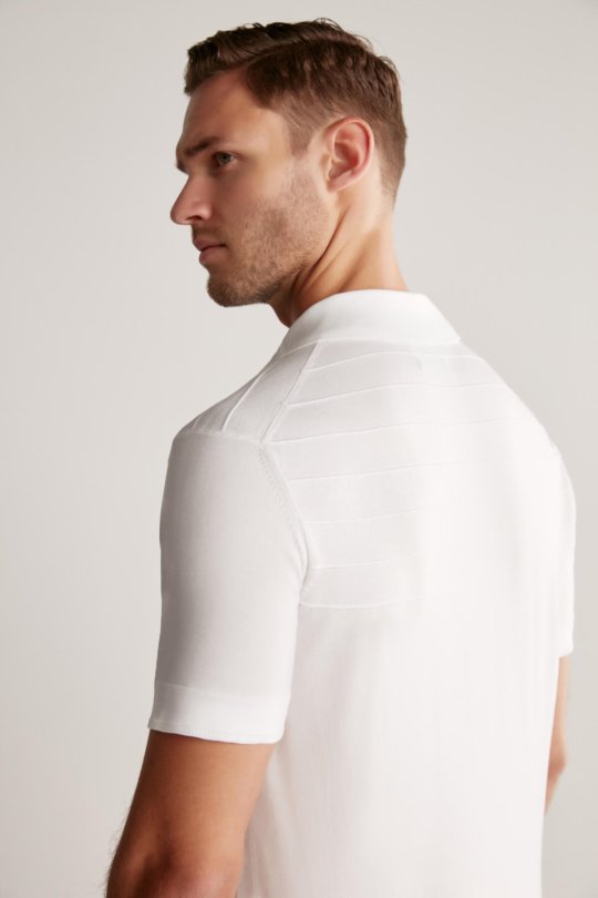 Çizgi Desen Beyaz Merserize Pamuk Triko Polo