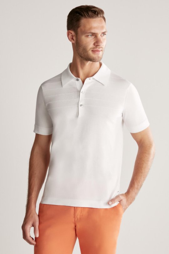 Çizgi Desen Beyaz Merserize Pamuk Triko Polo