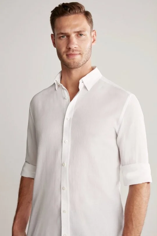 Hemington - Çizgi Desenli Beyaz Saf Pamuk Gömlek (1)