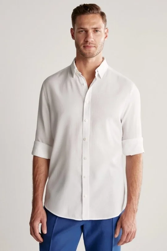 Hemington - Çizgi Desenli Beyaz Saf Pamuk Gömlek (5)