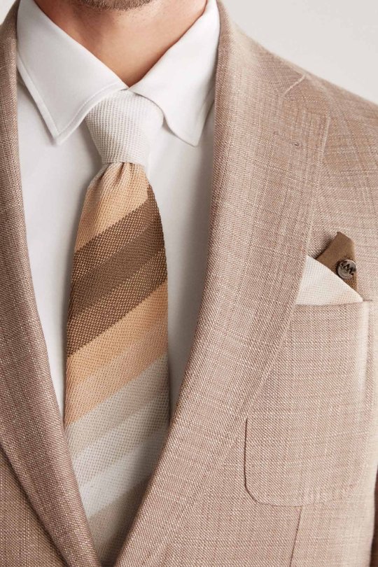 Çizgi Desen Camel Beyaz Örgü Mendil