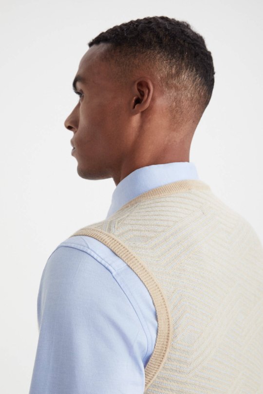 Çizgi Desen Camel Lambswool Yün Triko Süveter