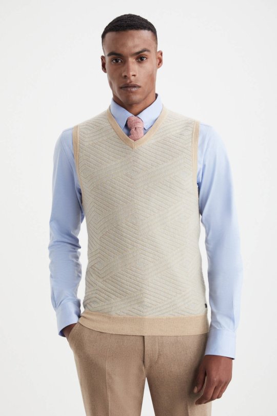 Çizgi Desen Camel Lambswool Yün Triko Süveter