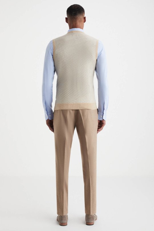 Çizgi Desen Camel Lambswool Yün Triko Süveter