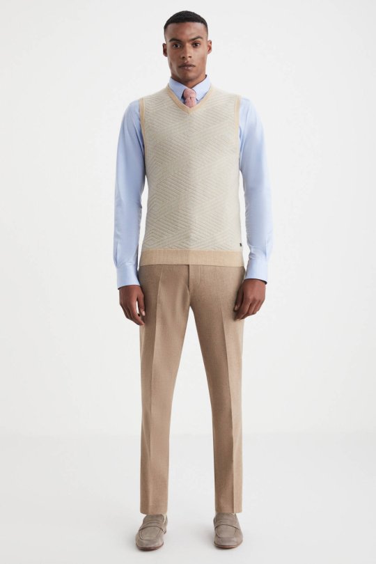 Çizgi Desen Camel Lambswool Yün Triko Süveter