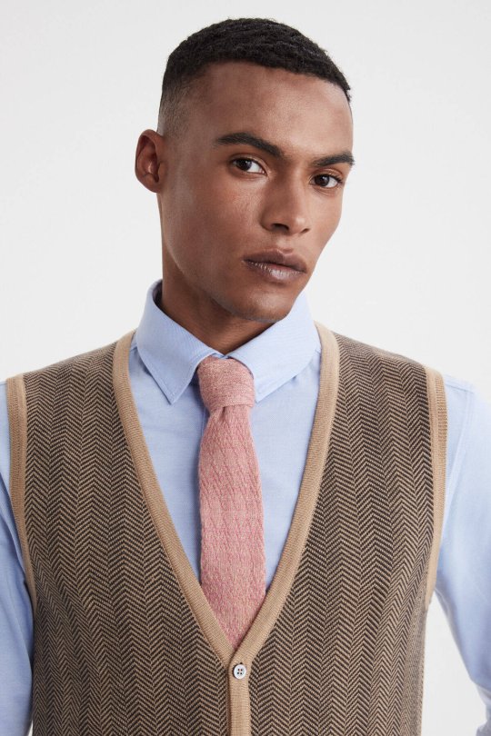 Herringbone Desen Camel Extrafine Merino Triko Yelek