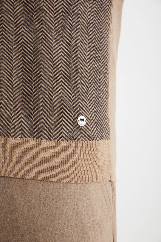 Herringbone Desen Camel Extrafine Merino Triko Yelek