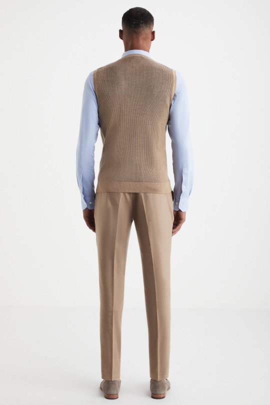 Herringbone Desen Camel Extrafine Merino Triko Yelek