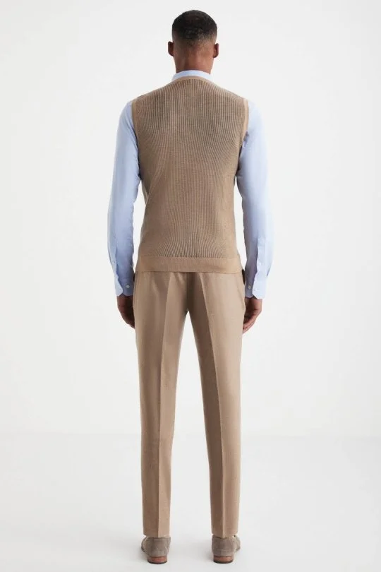 Hemington - Herringbone Desen Camel Extrafine Merino Triko Yelek (4)