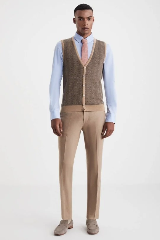 Hemington - Herringbone Desen Camel Extrafine Merino Triko Yelek (1)