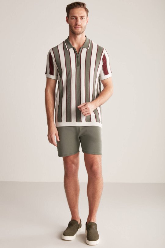 Çizgi Desen Haki-Beyaz Triko Polo