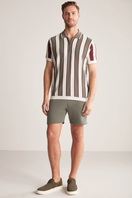 Çizgi Desen Haki-Beyaz Triko Polo