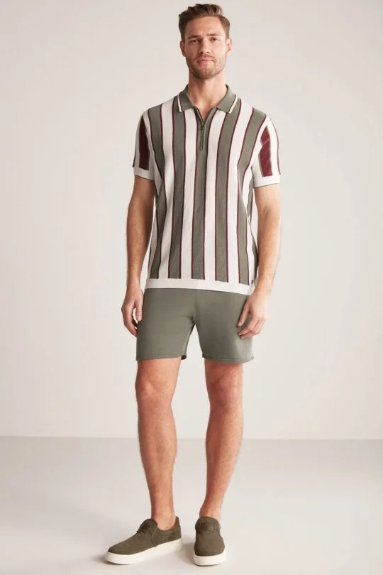 Hemington - Çizgi Desen Haki-Beyaz Triko Polo (1)