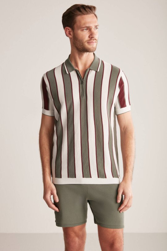 Çizgi Desen Haki-Beyaz Triko Polo